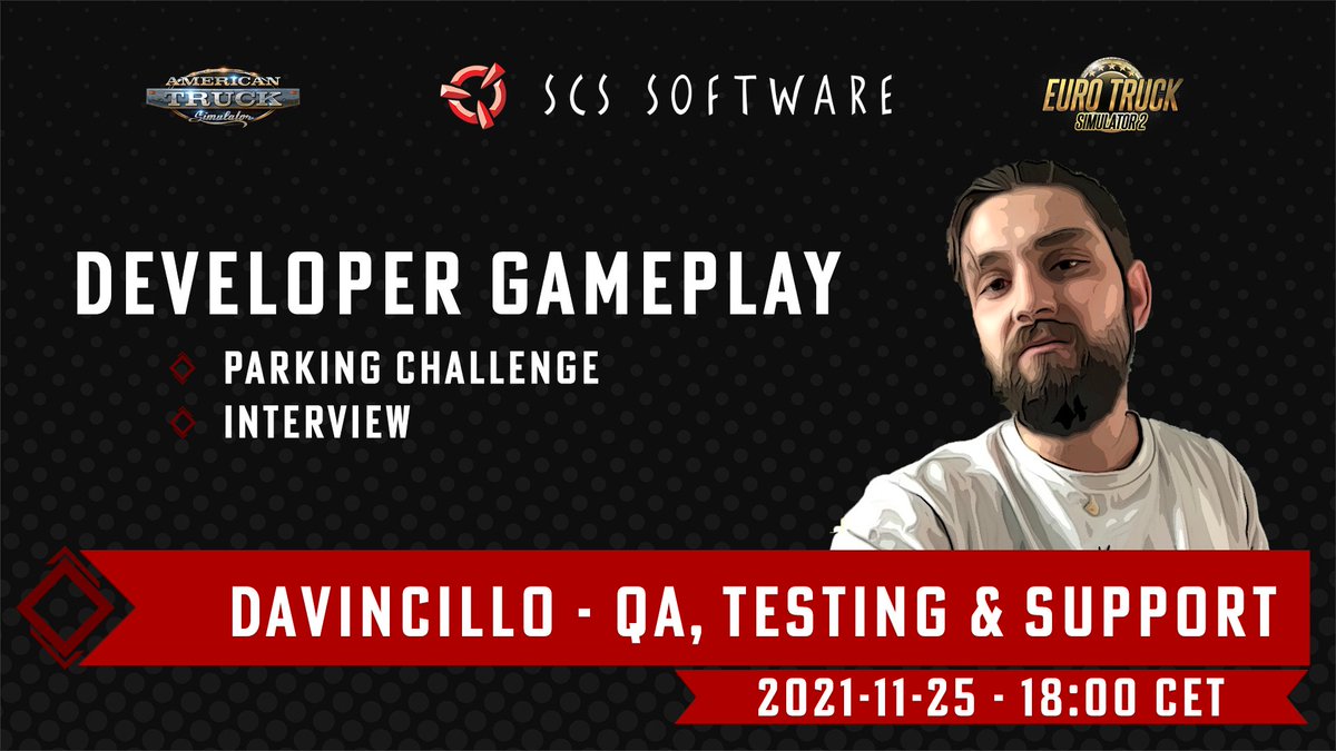 SCSsoftware's tweet photo. Join us tomorrow for a Developer interview Live Stream with Davincillo! 🚛💨

We will be asking questions about his important role here at SCS Software in the QA &amp; Testing department 💪

Follow our channels for when we go LIVE tomorrow at 6pm CET 🔴👇 https://t.co/xlwD4DP72Q