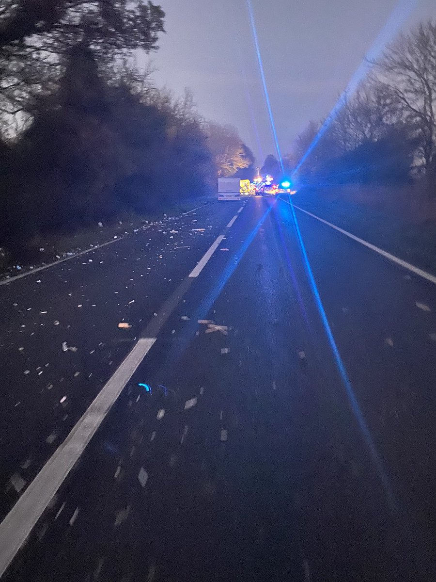 NSRAPT's tweet photo. Yesterday was a busy shift for all 3 emergency services. 2 RTC’s in Necton shut the A47 for several hours whilst debris was cleared to make safe for other drivers. Thankfully no serious injuries. Thank you to @Norfolkfire & @EastEnglandAmb for your support #SC9288 #PC1807 https://t.co/t9S4rGfxET
