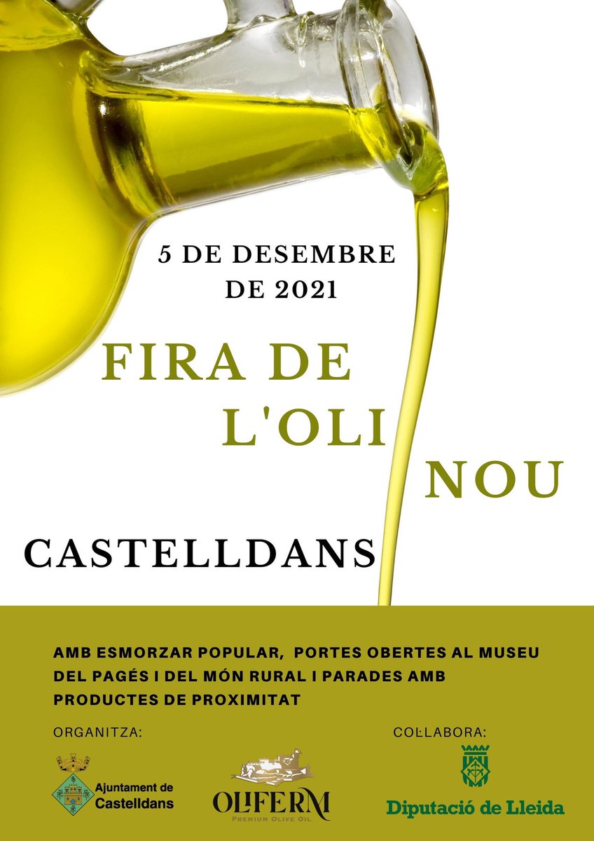 Torna la Fira de l'Oli Nou a #Castelldans !! Vine a tastar l'oli de la nova campanya aquest proper 5 de desembre !!

  #Olinou