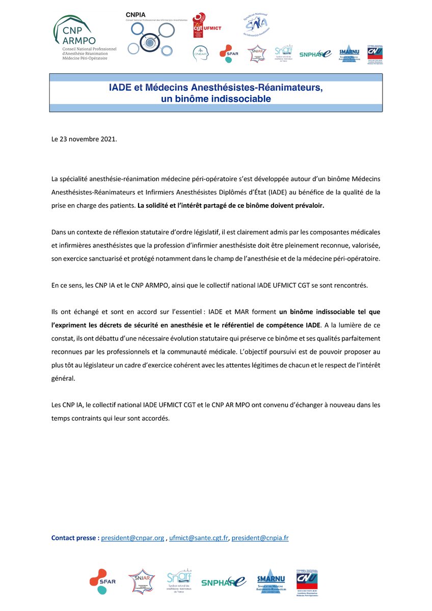 [📣 COMMUNIQUE]: #IADE et #MAR, un binôme qu'il ne s'agit pas de dissocier! 
Les CNP ARMPO et IA avancent ENSEMBLE pour trouver la MEILLEURE manière de valoriser l'exercice indispensable des IADE tout en préservant les interactions professionnelles sur leur format actuel! ⏬