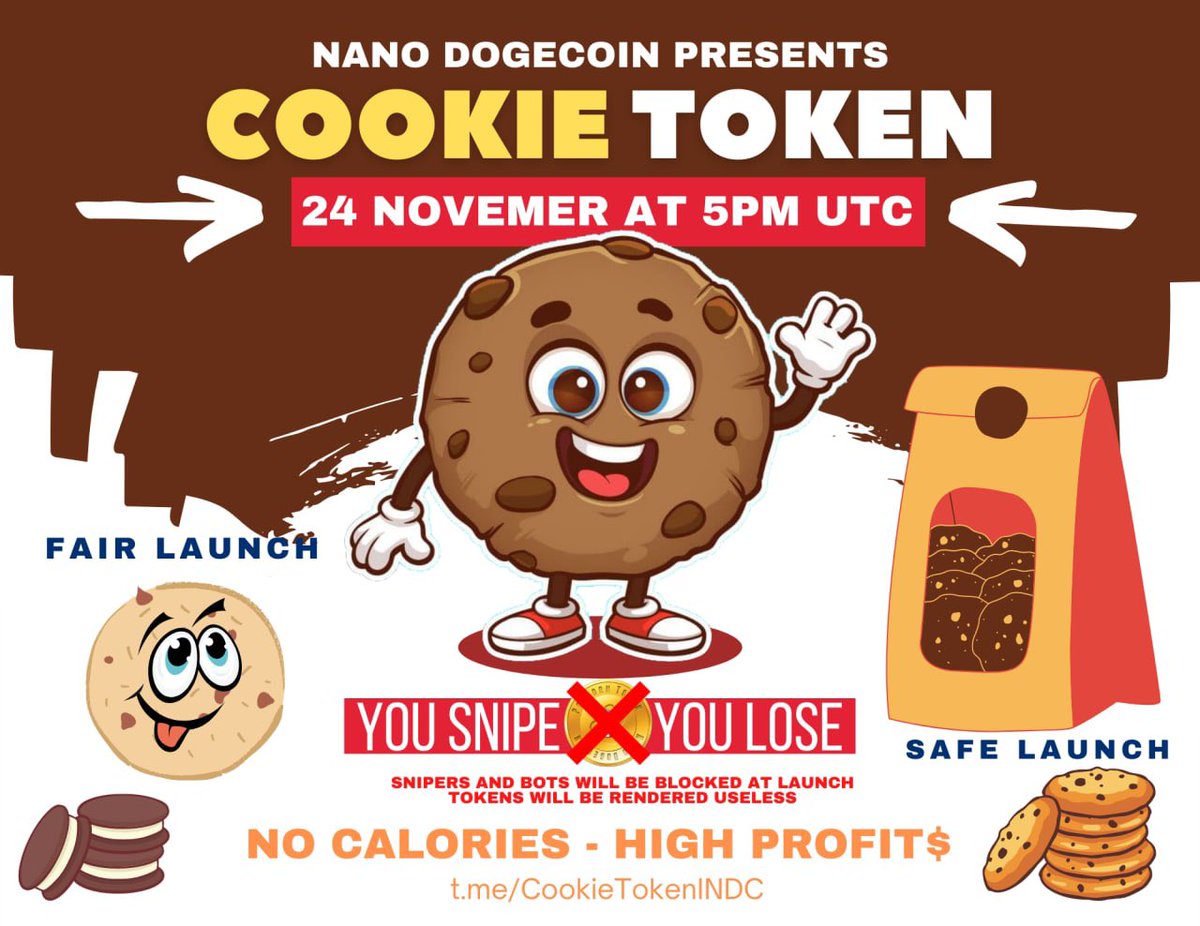 A reminder that the newest token as part of Profit$ launches today at 5PM UTC ⏳

Cookie Token will be live on the INDC dashboard 4-5 minutes and can be bought on Pancakeswap after this time ✅

💬TG: t.me/CookieTokenINDC

#NanoDogeCoin #INDC #Cookie #Fairlaunch #BSC #BSCGem