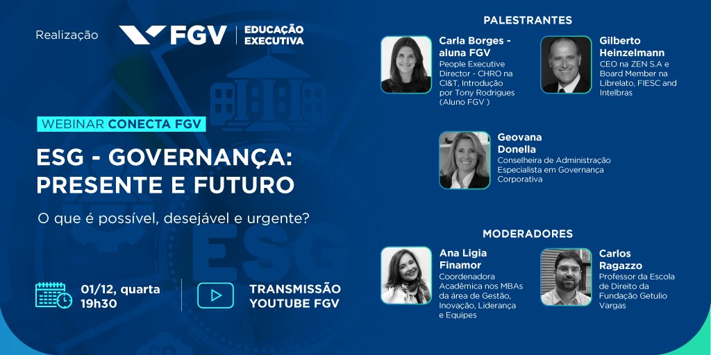 FGV's tweet photo. Os negócios de alta performance estão cada vez mais atentos à importância da sustentabilidade. Qual é o papel do ESG nesse processo? O webinar abordará o assunto com foco no pilar de Governança. Participe: https://t.co/QB1RWXWhWj. #FGVEducaçãoExecutiva https://t.co/1Gcow9gxgO