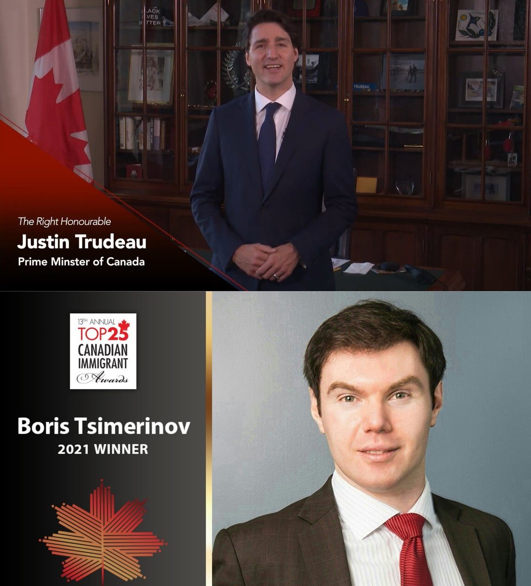 tsimerinov's tweet photo. I am profoundly grateful, humbled and energized to become a Top 25 Canadian Immigrant Awards winner.
PM Justin Trudeau congratulated 2021 winners which include: Supreme Court of Canada Judge; Member of Parliament; business, education & art/media leaders.
https://t.co/fAgGkvmDH7 https://t.co/5NplCBA1Yo