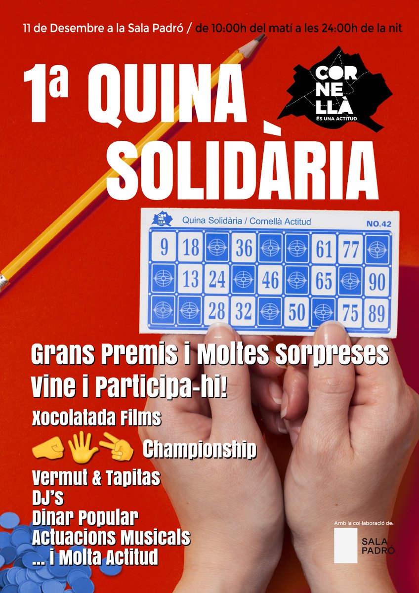 📢 SAVE THE DATE‼️
☝️ Per 1a vegada a Cornellà, QUINA SOLIDÀRIA! ✨
🎁 Sorteig de més de 100 regals donats per comerços i entitats de Cornellà i rodalies. 
🎫 Entrades a: cornellaactitud.org/entrades/

☄️Ojocuidao que SE VIENE EL HILOQUINA REFINITIVO #QUINAACTITUD👇🏻