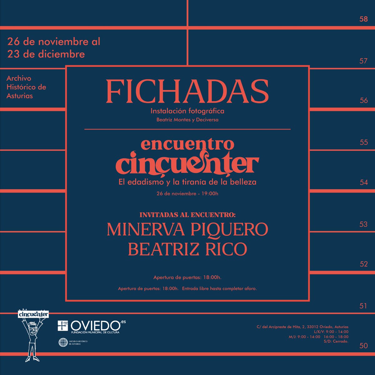 Cincco50er's tweet photo. ¡Encuentro #cincuenter! "El edadismo y la tiranía de la belleza" con Beatriz Rico y Minerva Piquero. El viernes 26, a las 19 horas en el Archivo Histórico de Asturias. Y abrimos expo: "Fichadas", fotos de @beatrizmontes_photographer realizadas durante el @cincco21 en Oviedo. https://t.co/JmZ5jsjFhF