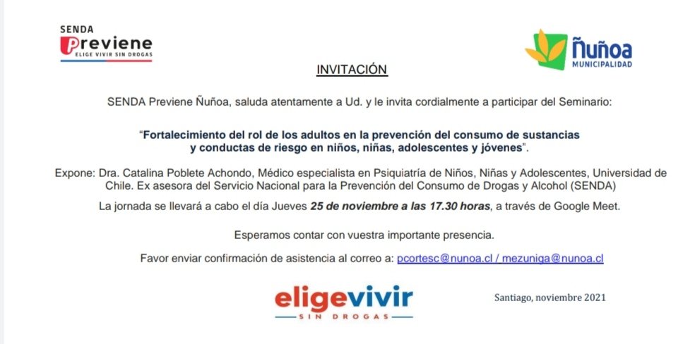 LiceoBW's tweet photo. #LiceoBrígidaWalker
#Senda #Invitación
#Seminario
.
.

"Fortalecimiento del rol de los adultos en la prevención del consumo de sustancias y conductas de riesgo en niños, niñas, adolescentes y jovenes".

Los invitamos a participar...!!! https://t.co/j8pF2KBieA