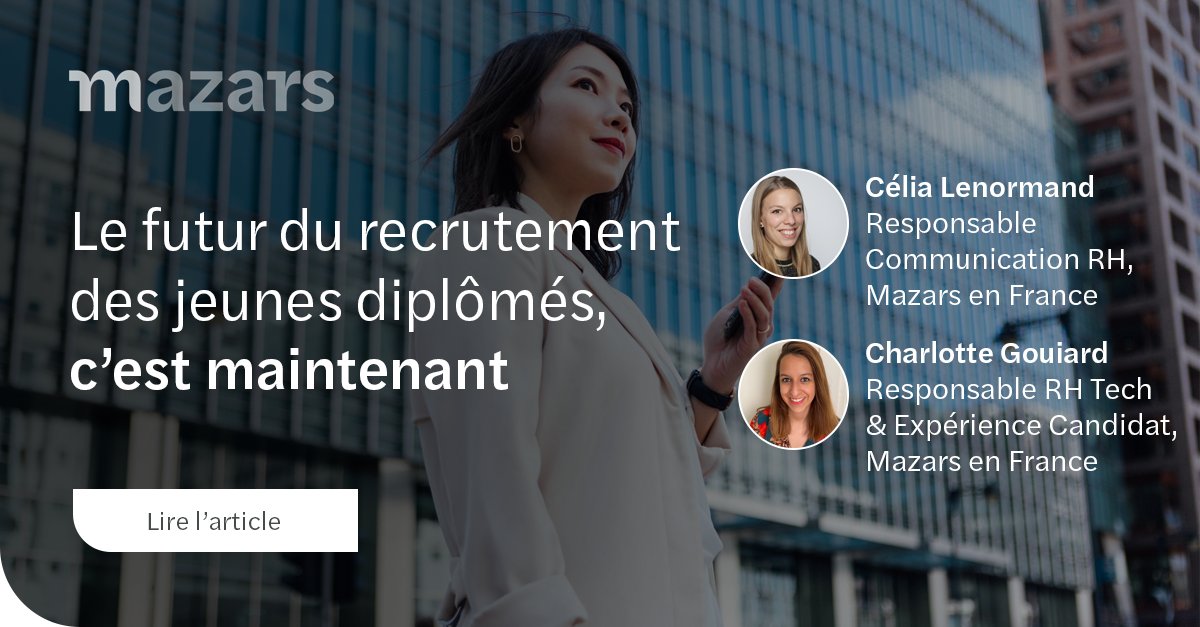 #Recrutement : les jeunes diplômés poussent les entreprises à innover.
🚀 Chez Mazars, on expérimente : réactivité, suivi de candidature, personnalisation de l'expérience...
<a href="/SophieGirardeau/">Sophie Girardeau</a> a interviewé Célia Lenormand et <a href="/CGouiard/">Anna_rblk</a> pour <a href="/MonsterFrance/">Monster France</a> ➡️ mz.rs/3xl10nR