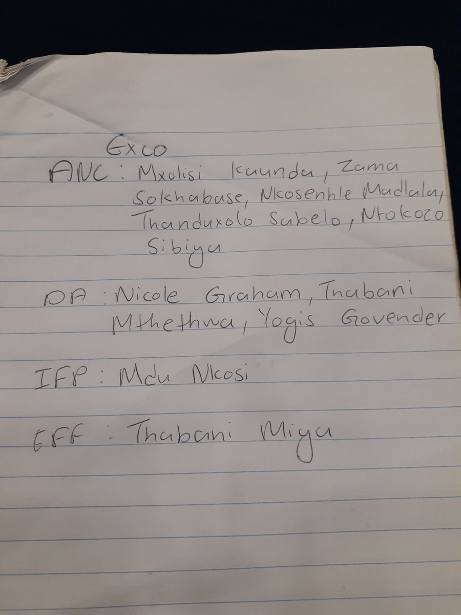 ThabisoGoba2's tweet photo. A bit of drama as ANC councillors want to go back and change the composition of the Executive Committee. 

Names of exco members were put forward by parties on Monday

DA says ANC struck a deal with an opposition party by offering them an exco seat.

#EthekwiniCouncil @WitnessKZN https://t.co/THV5cIFckx