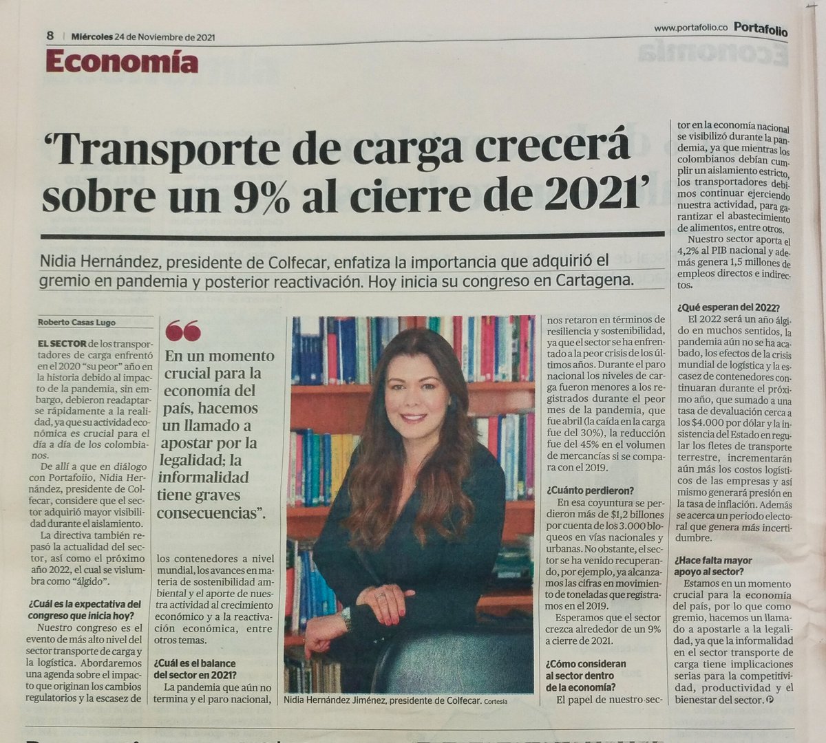 Colfecar's tweet photo. #Entrevista Hoy, @NidiaHernandezJ, presidente de @Colfecar en @Portafolioco #CongresoColfecar2021 https://t.co/LDJ5ohda4k