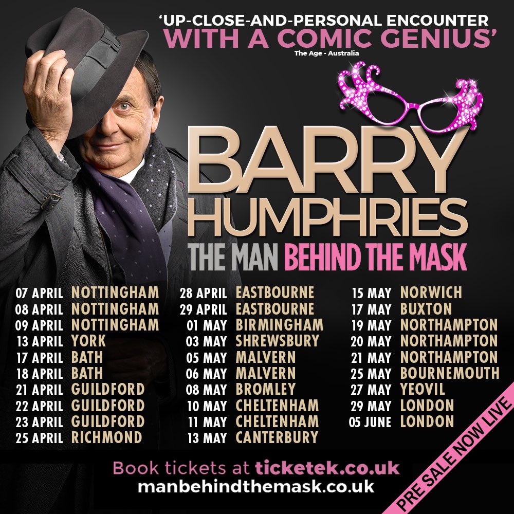Pre-sale tickets for my new show: Barry Humphries: The Man Behind the Mask are now live.  Sign up here to book yours now: bit.ly/BarryHumphries…