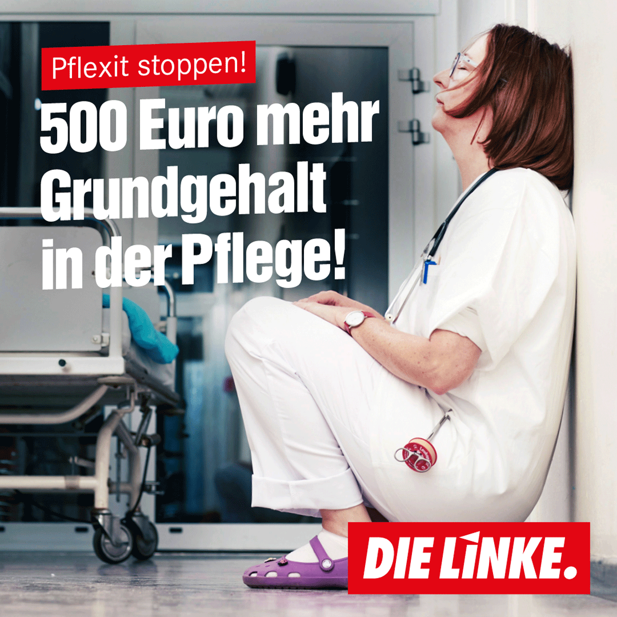 dieLinke's tweet image. Jeden Tag ergreifen Pflegekräfte die Flucht aus ihrem Beruf, den sie eigentlich mögen. Auch wenn der #Pflegenotstand kaum von heute auf morgen behoben werden kann, ein klares Zeichen wäre sofort möglich: 500 Euro mehr Grundgehalt für alle in der #Pflege! #Pflexit