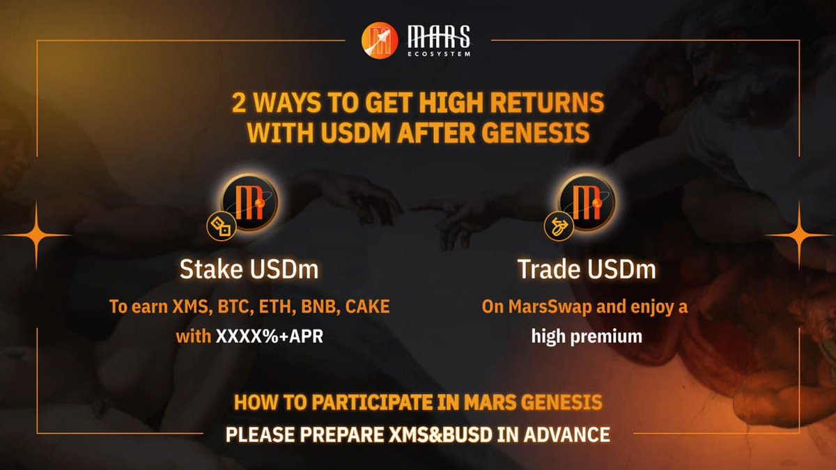 MarsEcosystem's tweet photo. The Genesis Event2️⃣: 25th Nov.1pm-3pm UTC 

1. Stake $USDm to earn XMS, BTC, ETH, BNB, CAKE with xxxx%+ APR. Rewards to USDm pools will be increased after Genesis Event 2 ends.
2. Trade USDm on MarsSwap and enjoy a high premium.

🧐How to participate: https://t.co/1q6hWpRB86 https://t.co/ZzRzBSO6Px