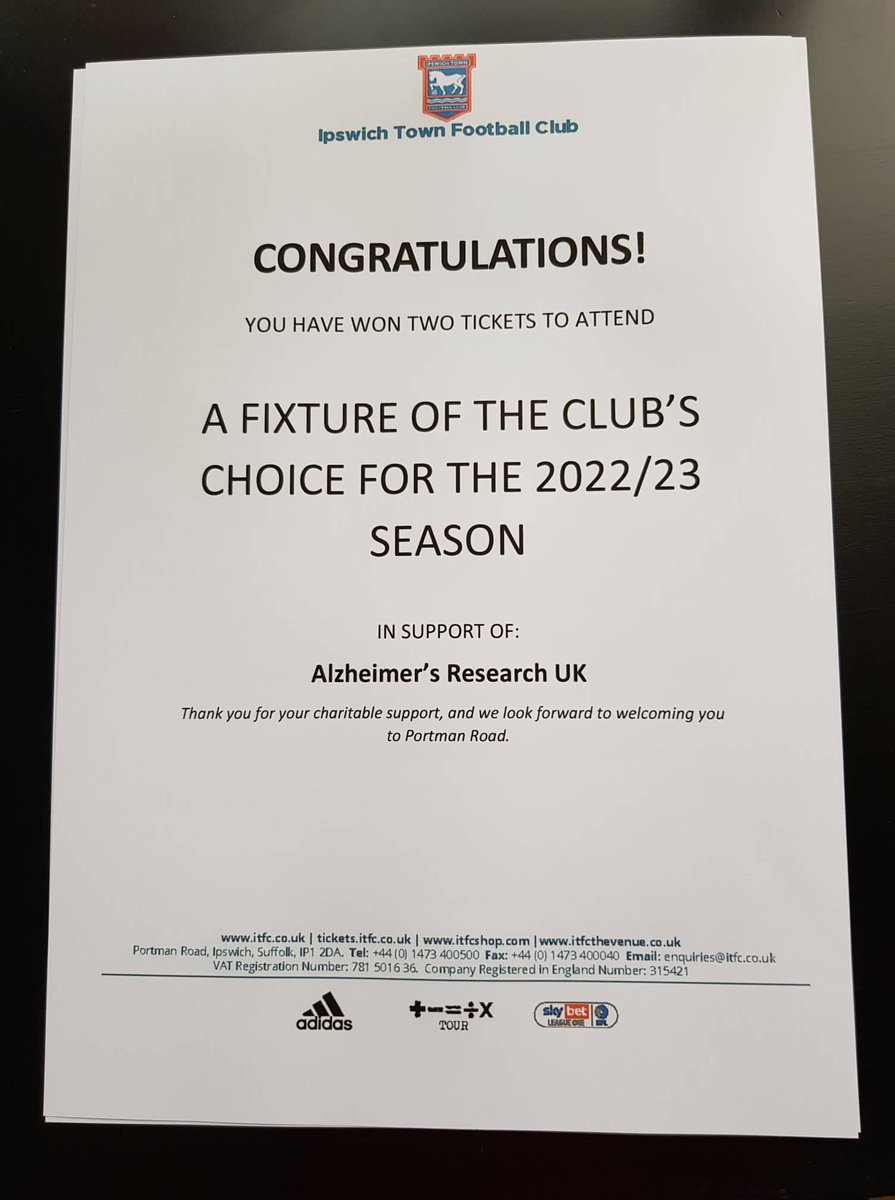 Brilliant donation by <a href="/IpswichTown/">Ipswich Town</a> &amp; hopefully the club will be a league higher by then.😉 This is for <a href="/PeterBe1130/">Peter Berry</a> fundraiser for <a href="/AlzResearchUK/">Alzheimer's Research UK</a>  @MollyAlzUK to be held <a href="/theWeaversPeas/">The Weavers Peasenhall</a> in spring with <a href="/mavissuffolkfox/">Mavis (she/she)</a> &amp; <a href="/georgyjamieson/">Georgy Jamieson</a> <a href="/brains_21/">FFB21</a> <a href="/ipswichdementia/">Ipswichdementia</a>. More to follow