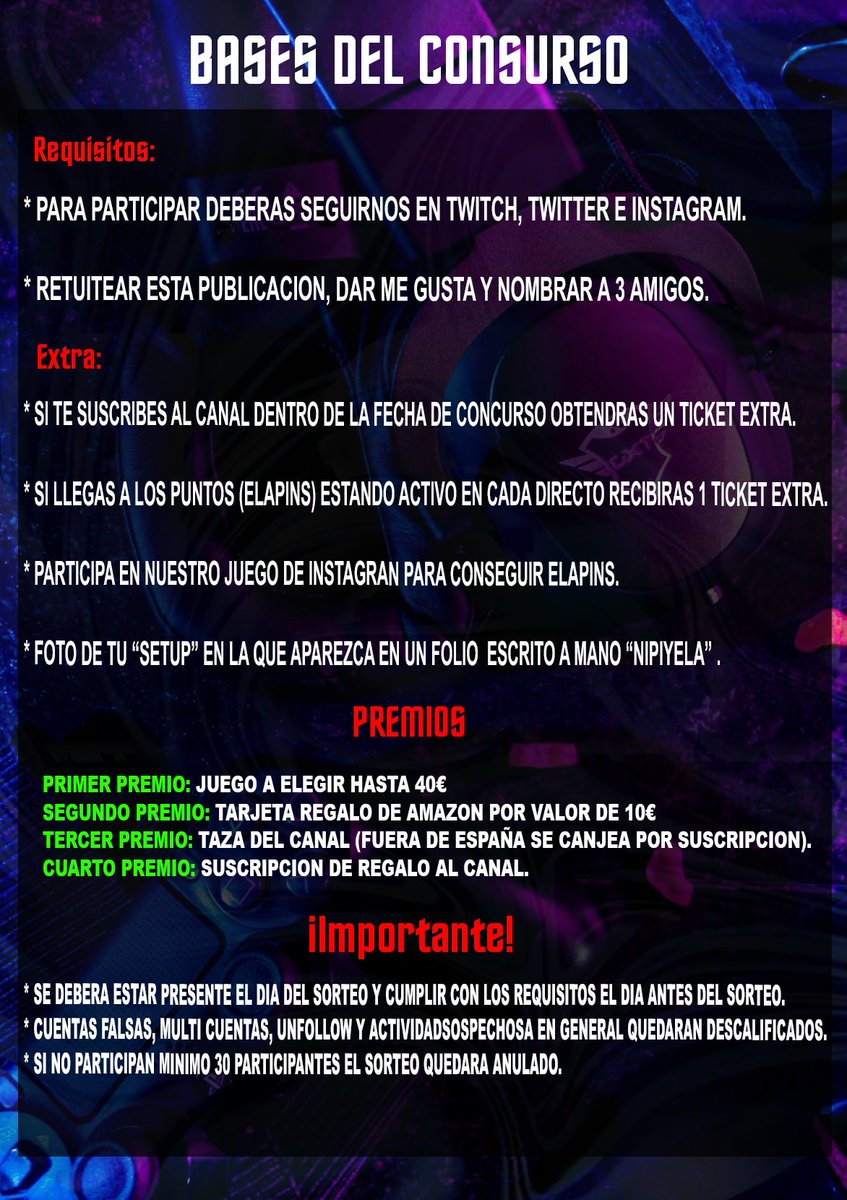 SrNipi's tweet photo. GRAN SORTEO
¿quieres participar?
#sorteos #sorteo #concurso #sorteoespa #REGALO #premios #participa #suerte #twitchstreamer #twitchespaña #twitchtv #twitter #twitch #sorteoline #participaygana #sorteomasivo #setup #gaming #gamer #gamingsetup #pcgaming https://t.co/LN6tfCoOiV