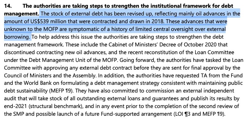 GibbMichael's tweet photo. Remarkable note in IMF’s 1st report on SMP in #SouthSudan, where $539 million in previously unknown commodity trader oil advances from 2018 have been added to debt. Loans were not even known to the Min. of Finance. Loans Committee sat within Office of the President at the time. https://t.co/8gZioDGNU4