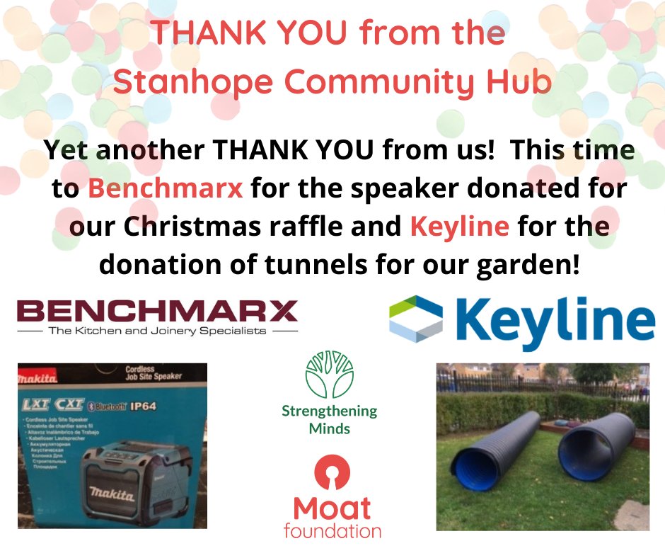 The <a href="/Stanhope/">Stanhope</a> Community Hub would like to say thank you to <a href="/BenchmarxUK/">Benchmarx Kitchens & Joinery</a> and <a href="/KeylineCivils/">Keyline Civils Specialist</a> for their very generous donations!  Its great to see the community getting involved in our community work.  Thank you!
<a href="/moathomes/">Moat</a> <a href="/MoatFoundation/">Moat Foundation</a> <a href="/StrMinds/">Strengthening Minds</a>