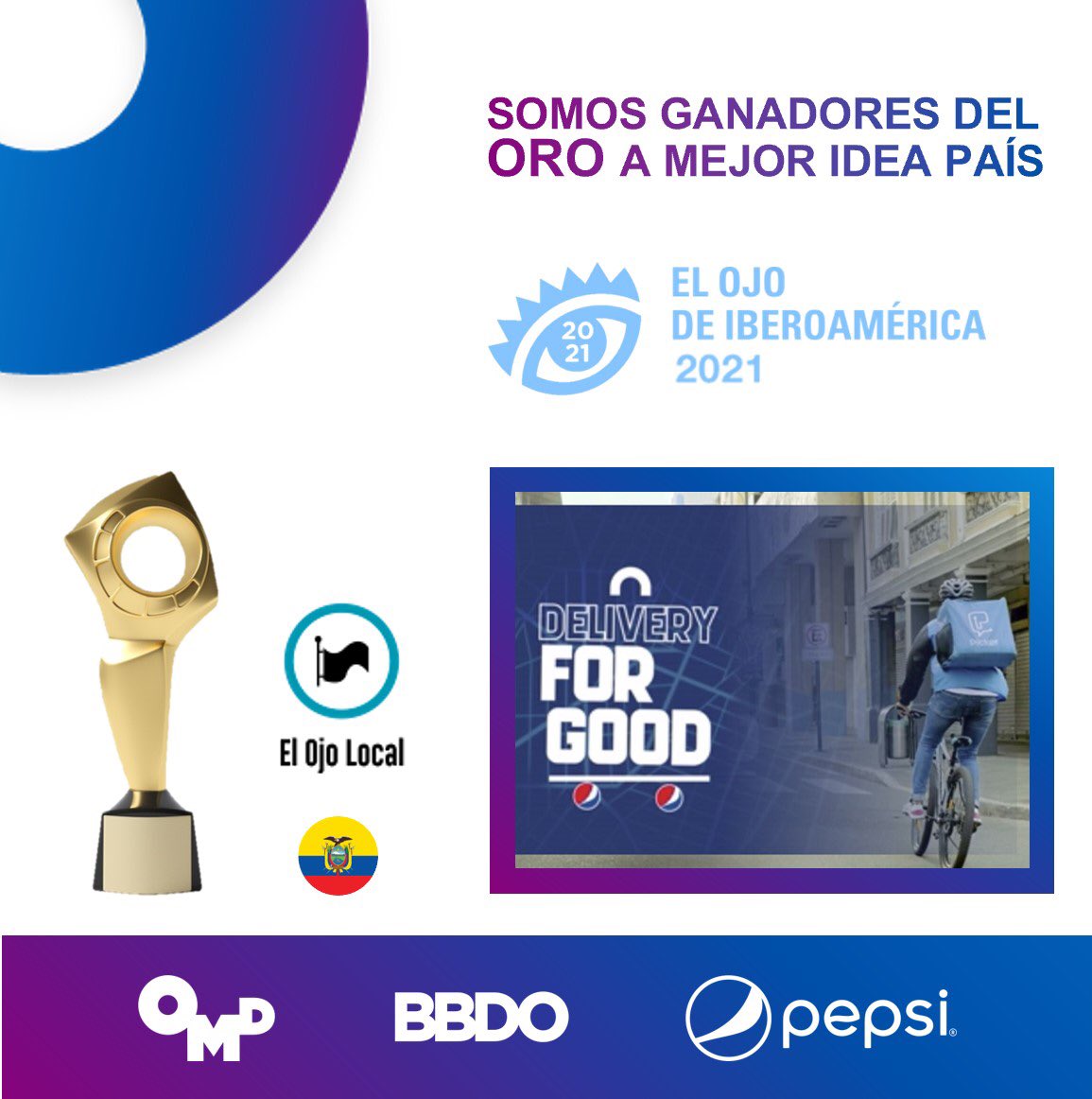 Felicidad es que tras el 1er día de <a href="/elojofestival/">El Ojo de Iberoamérica</a> ‘Delivery For Good’ de Pepsi haya sido reconocida con ORO como la mejor idea 🇪🇨 en la categoría El Ojo Local🥇 

#BetterDecisionsFaster #publicidad #medios #creatividad #marketing #marketingdigital #Ecuador #ElOjoDeIberoamerica