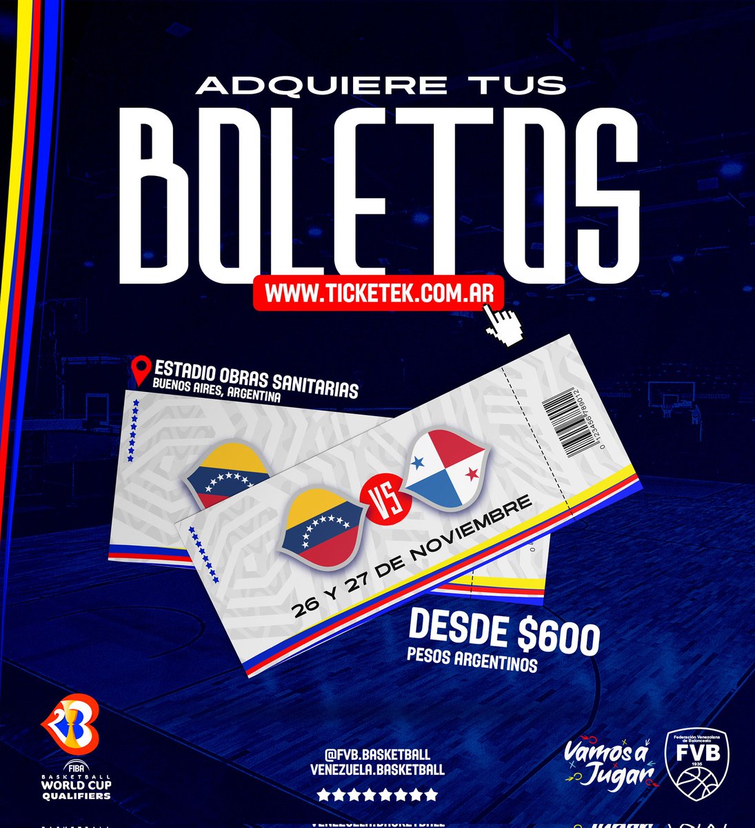 FVBbasketball's tweet photo. 𝐁𝐎𝐋𝐄𝐓𝐎𝐒: 🇻🇪 🆚 🇵🇦

🎟️ Si deseas asistir a los partidos de Venezuela en la primera ventana de los Clasificatorios a la Copa del Mundo 2023, puedes adquirir tus boletos en la página web de @TicketekAr. https://t.co/5Jctx0ka16