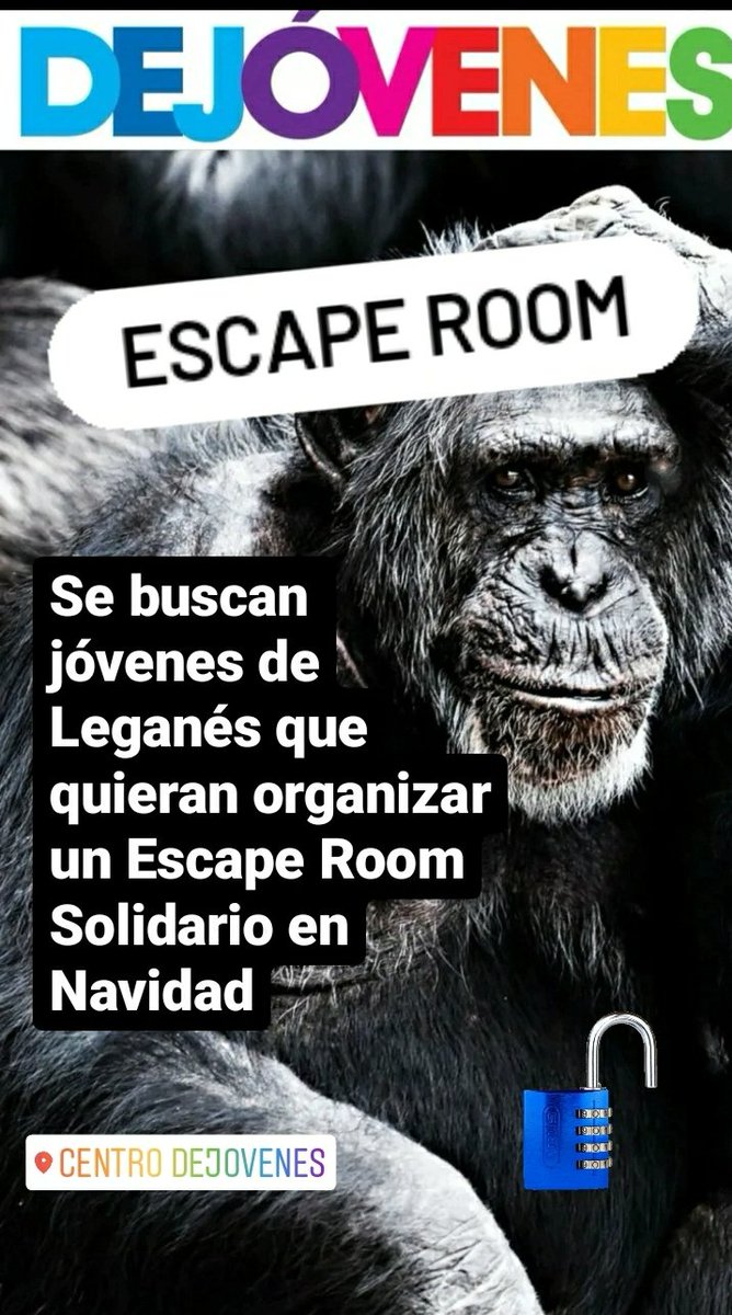 🔓Se buscan jóvenes de Leganés que quieran organizar un Escape Room Solidario en Navidad. 
Pregúntanos por WhatsApp 690603596 o por IG instagram.com/stories/dejove…