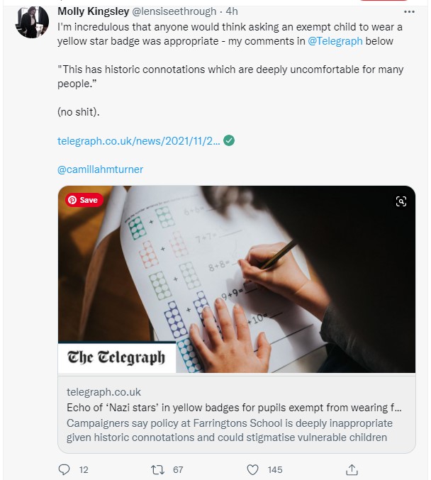 This is a lie, the article in which Molly was quoted does not say that the badges are yellow stars!