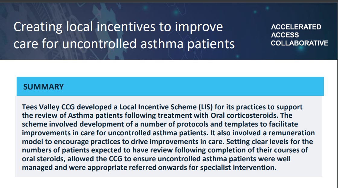 Another great case study captured as part of the @AACinnovation @OxfordAHSN Asthma Biologics toolkit oxfordahsn.org/our-work/asthm…. Thanks to Claire Adams @TeesValleyCCG for sharing the early work looking at local incentivisation to improve care for uncontrolled asthma patients.
