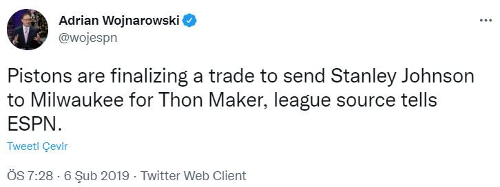 Detroit Pistons resmi hesabı, 1 Şubat 2019 tarihinde attığı tweette Stanley Johnson'ın 7 Şubat 2019'da imza gününde taraftarla bir araya geleceğini söylemiştir ancak 6 Şubat 2019'da Stanley Johnson takımdan gönderilmiştir.