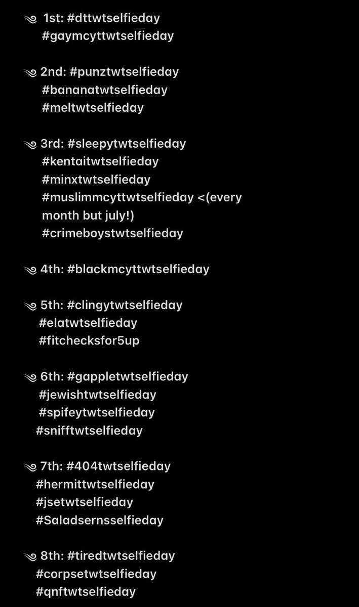 mcyttwtselfie's tweet photo. UPDATED SELFIE DAYS LIST‼️
                                24/11/2021
rt's appreciated!! https://t.co/LkLhlHcjlS