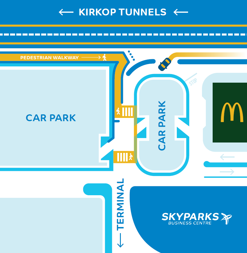 Take note of the change in entryway to the airport campus, marked by a blue vehicle below, found as one is driving towards the Kirkop Tunnels. Pedestrians who access the airport campus from this side are reminded to use the indicated walkway as this is the only safe passageway.