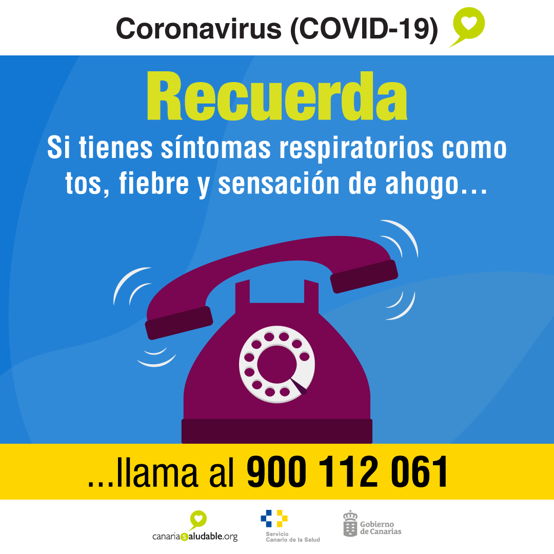 📣Recuerda: Al menor síntoma🤒compatible con #COVID19 (tos, fiebre, sensación de ahogo, pérdida de gusto y olfato), quédate en casa🏡 y llama al teléfono gratuito de atención al #coronavirus 📞900 112 061