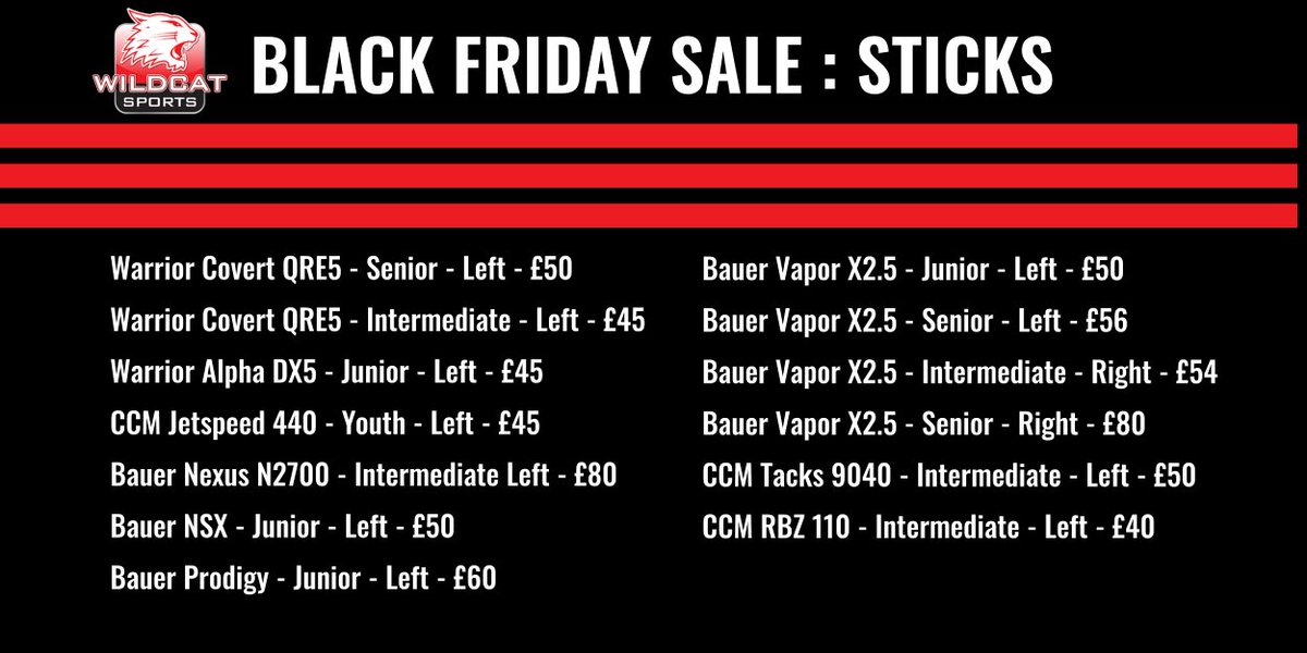Get a bargain on one of our twigs which are on mega discount this Black Friday 🔥

If you are left-handed your in for a treat 🏒

Reserve a stick today 👇

📧  lewis.nell@swindonwildcats.com
📞  07787979791