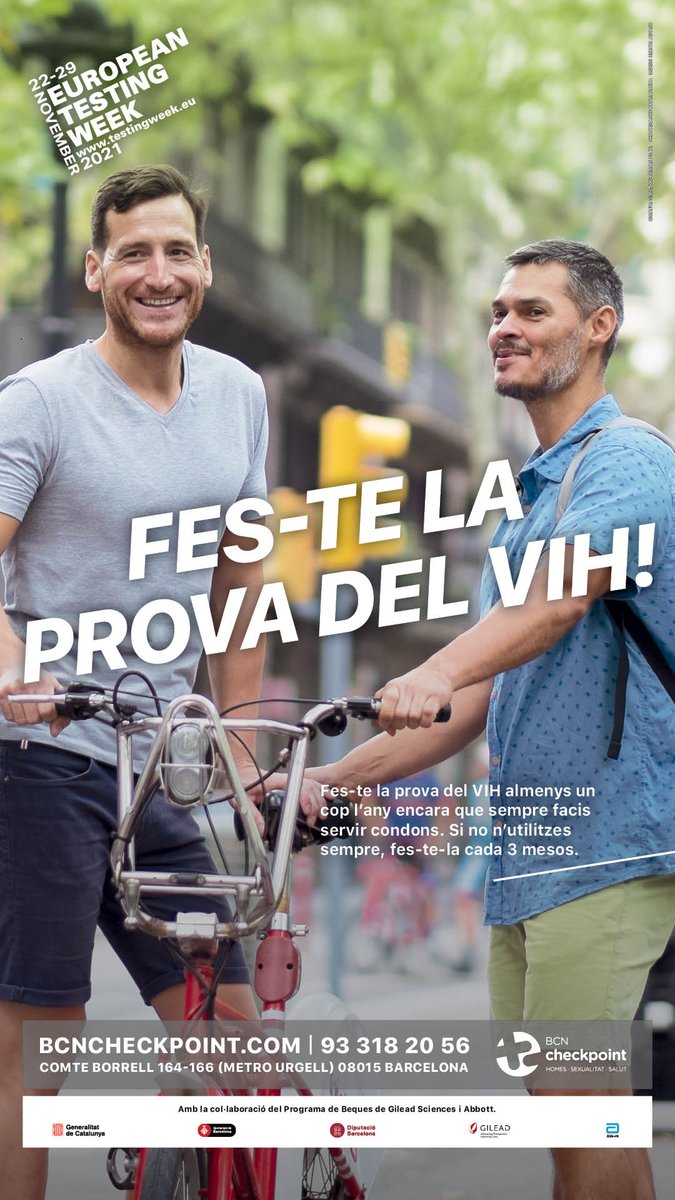 Del 22 al 29 de novembre se celebra la Setmana Europea de la Prova del VIH. Demana cita al 933182056
bcncheckpoint.com
------------------
Del 22 al 29 de noviembre se celebra la Semana Europea de la Prueba del VIH. Pide cita en el 933182056
bcncheckpoint.com