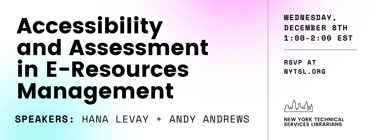 nytsl's tweet photo. Join us Dec. 8 for our Fall virtual program:
Accessibility and Assessment in E-Resource Management with Hana Levay &amp; Andy Andrews
https://t.co/UX4TXg9Y2s
#webaccessibility #inclusivedesign #libraries #librarytechnicalservices #eresources https://t.co/1ET7Yc0E0z