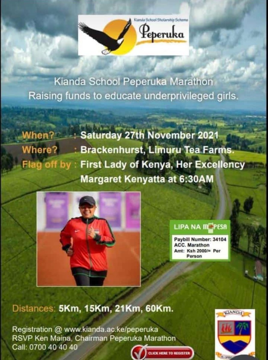 Kianda_F's tweet photo. Only 3 days to go to the #Peperuka marathon! The marathon will be flagged off by @FirstLadyKenya HE Margaret Kenyatta at 6:30am. Register here and give disadvantaged #girls a chance at a quality #Kianda #education https://t.co/kDHMsqVM4S https://t.co/7BUn74w5CO