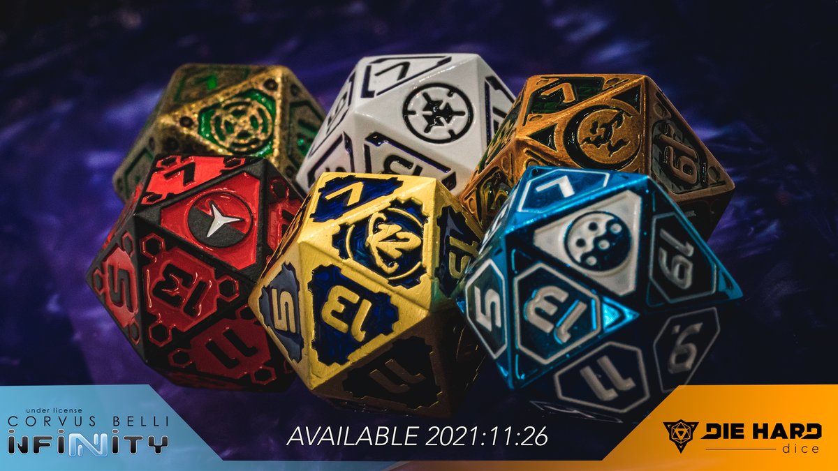 ¡Nuestro partner <a href="/dieharddice/">Die Hard Dice</a>  va a lanzar nuevos diseños de de metal hechos específicamente para Infinity! Estos dados serán para las facciones Ariadna, Nómadas, ALEPH, PanOceanía, Haqqislam y O-12. Disponibles el día 26. ¡Visita su web!
dieharddice.com