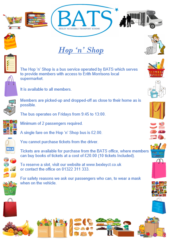 bats_ct's tweet photo. Did you know BATS provide a Hop ‘n’ Shop service which serves to provide members with access to Erith Morrisons local supermarket.

The bus operates on Fridays from 9:45 to 13:00.

More information can be found on the flyer below. https://t.co/EPsZ3u5Abb