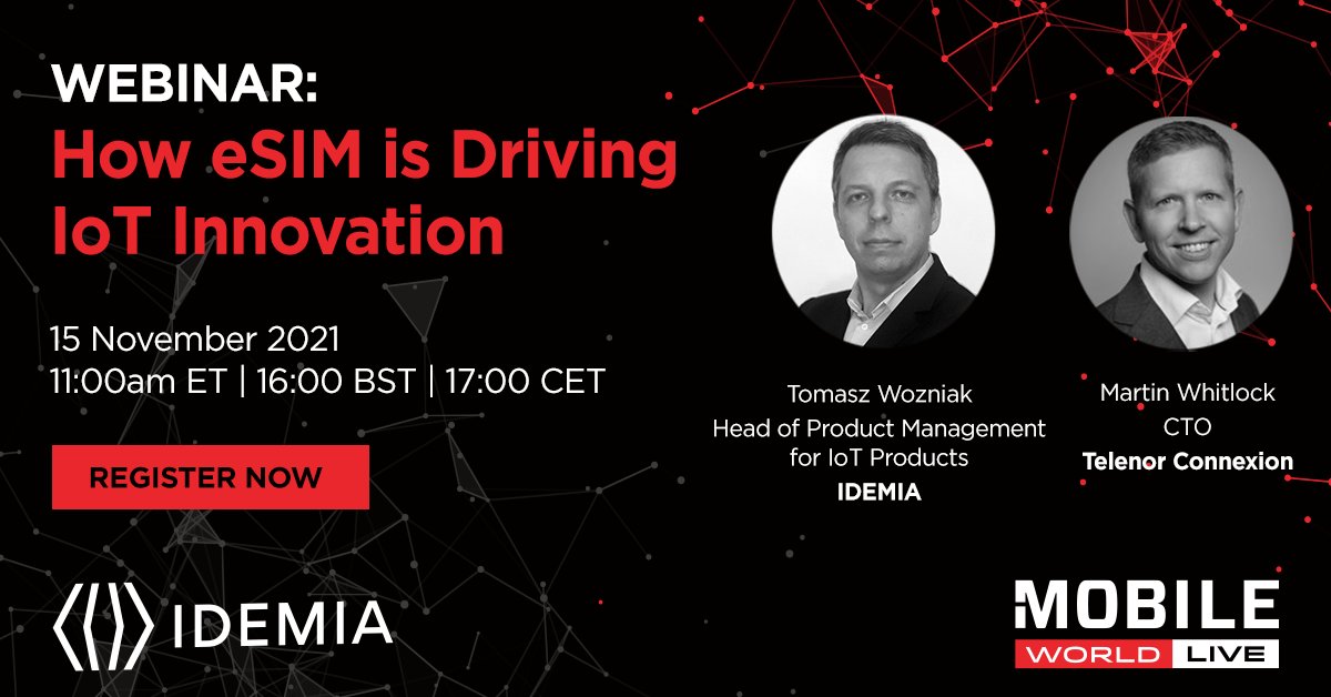 IDEMIA_IST's tweet photo. Unable to attend our @GSMAEvents #MobileWorldLive webinar: “How #eSIM is driving innovation for Enterprise #IoT"? Watch the replay here: https://t.co/0xAOiW6Gzk https://t.co/qGQfsmPMsf