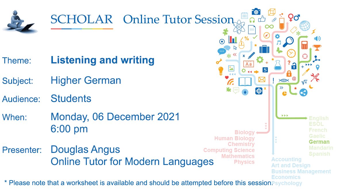 ScholarUK's tweet photo. Studying Higher German? Join our Online Tutor Session at 6:00 pm today, Monday 6 December https://t.co/A44D2Gw4vY
Try our ‘Listening and writing’ worksheet which will be covered during the session: https://t.co/P9Fy9gtTV5
#HigherGerman https://t.co/zXFSiDnaCD