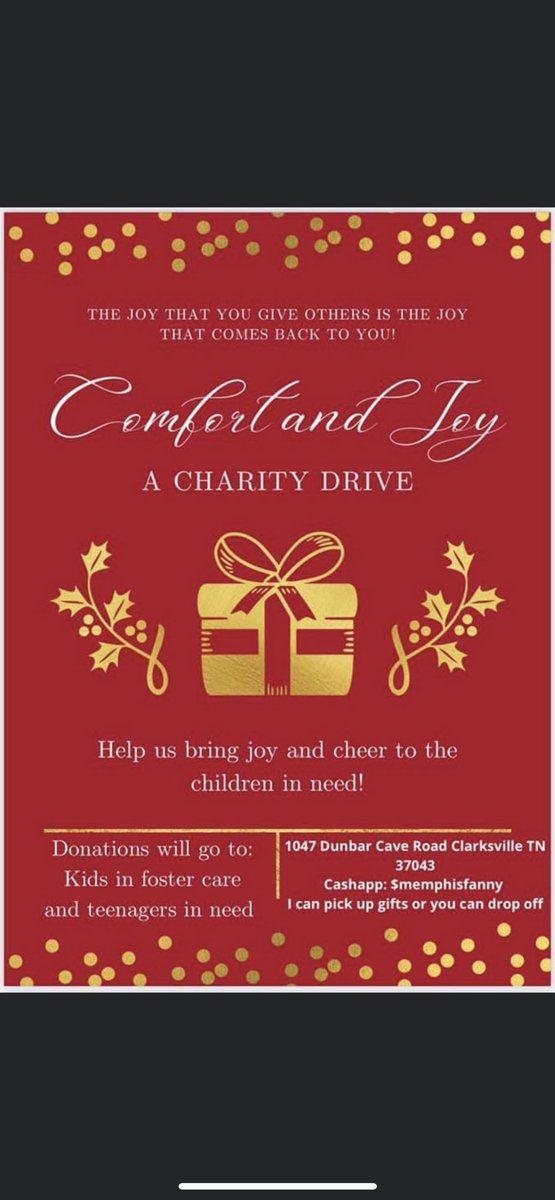 arrjahanee's tweet photo. I’m working with some foster families here in TN  to gather donations for foster children and families in need of a good Christmas. If you would like to donate items you can message me for my address or if you’d just like to send some funds for me to purchase things off this list https://t.co/k0mlCvpsvN