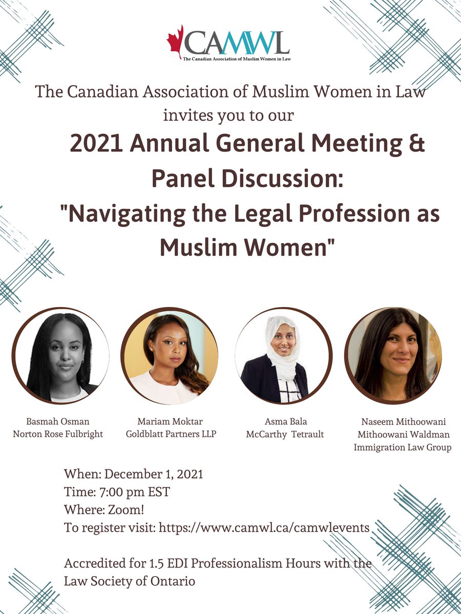 📣**REMINDER!**

Our AGM is ONE WEEK from today on Dec. 1st at 7 pm, featuring a CPD eligible panel discussion with <a href="/MariamMoktar/">Mariam Moktar</a>, <a href="/BalaAsma/">Asma Bala</a>, <a href="/NMithoowani/">Naseem Mithoowani</a>, and Basmah Osman! RSVP here: camwl.ca/event-details/…