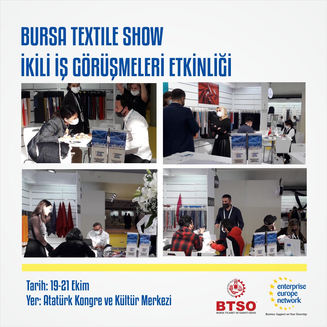 Bursa Textile Show İkili İş Görüşmeleri etkinliği 19-21 Ekim 2021 tarihleri arasında Bursa Merinos Atatürk Kongre ve Kültür Merkezi’nde gerçekleştirildi.
<a href="/BursaTSO/">BTSO</a>