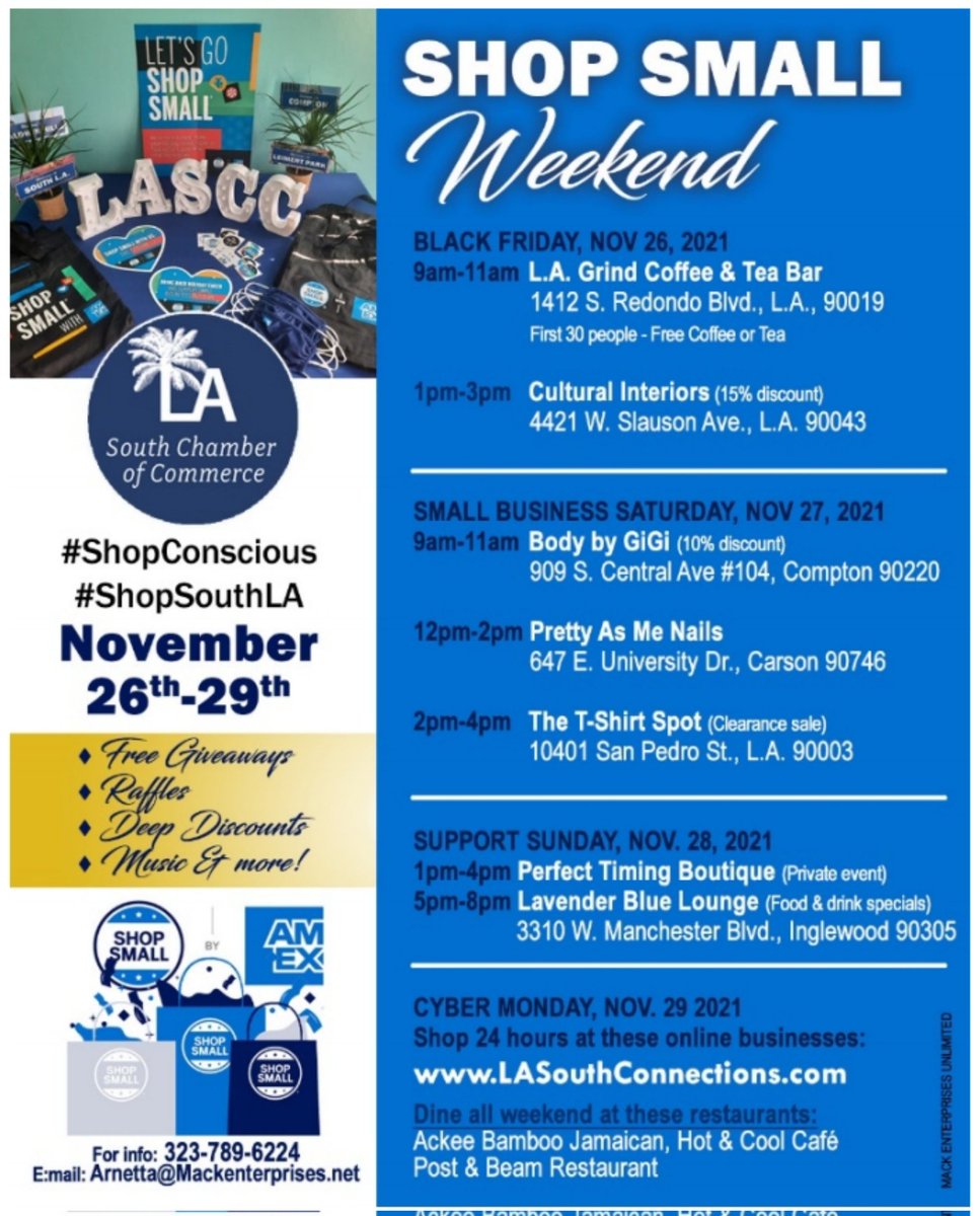 JOIN THE L.A. SOUTH CHAMBER OF COMMERCE FOR "SHOP SMALL WEEKEND!"

This Friday-Monday, join L.A. South Chamber of Commerce as it launches "Shop Small Weekend" with promotional events at seven local small businesses throughout the weekend!

<a href="/IllyaDailey/">Illya Dailey</a>
<a href="/lasouthchamber/">L.A. South Chamber</a>
#kbla1580