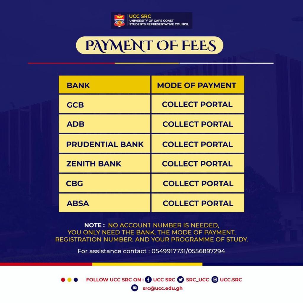 Visit any of the banks on the flyer and pay your school fees for the next academic year, which will start on the #8thofJanuary2022 for fresh students and the #15thofJanuary2022 for continuing students. #UCCSRC