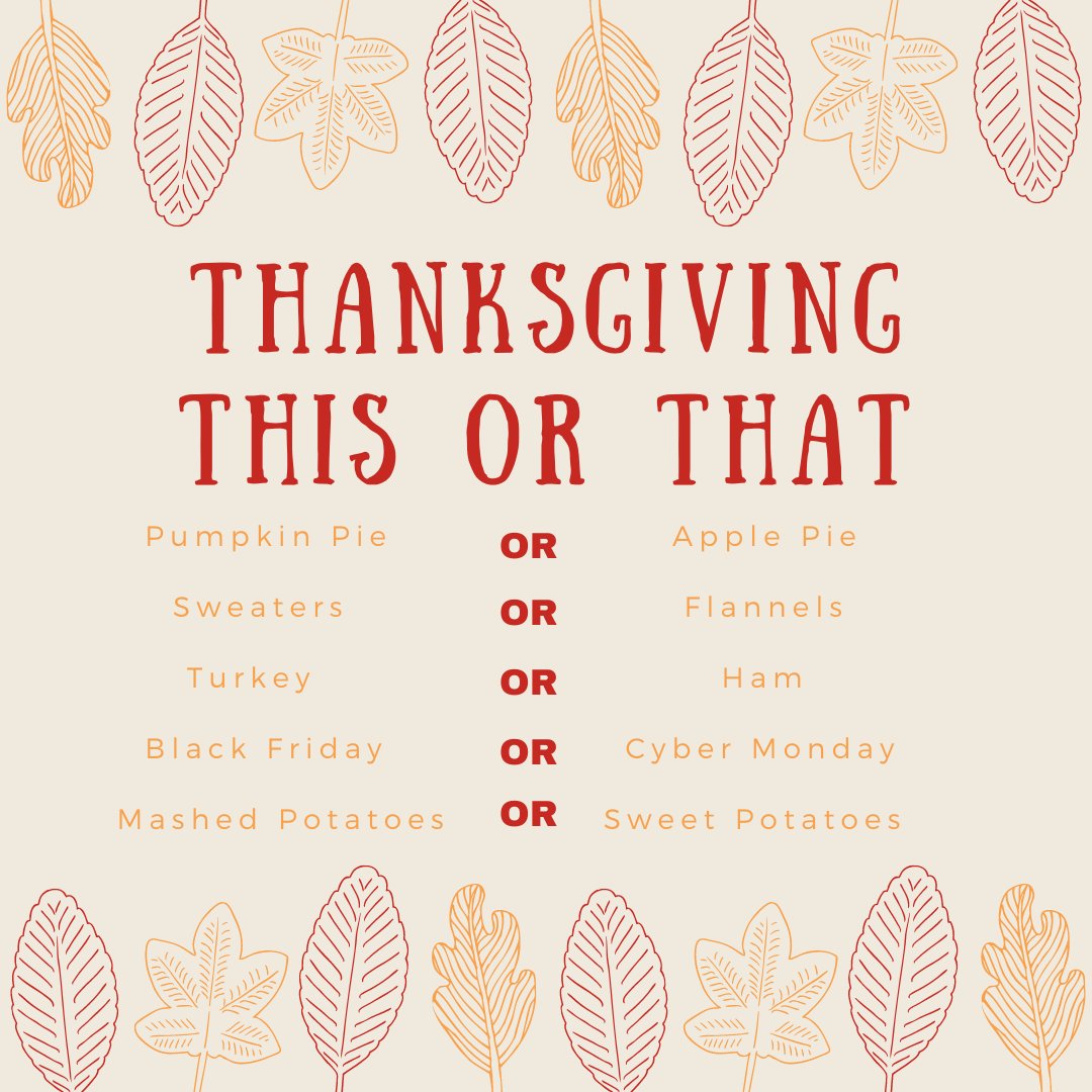 OWUCulinaryServ's tweet photo. This or That Thanksgiving edition! Comment your Thanksgiving favorites and be entered for a chance to win $10 dining dollars! 2 winners will be chosen at random on November 24 at 9:00 PM! #avifresh #owuculinary https://t.co/jllw3tLJIX