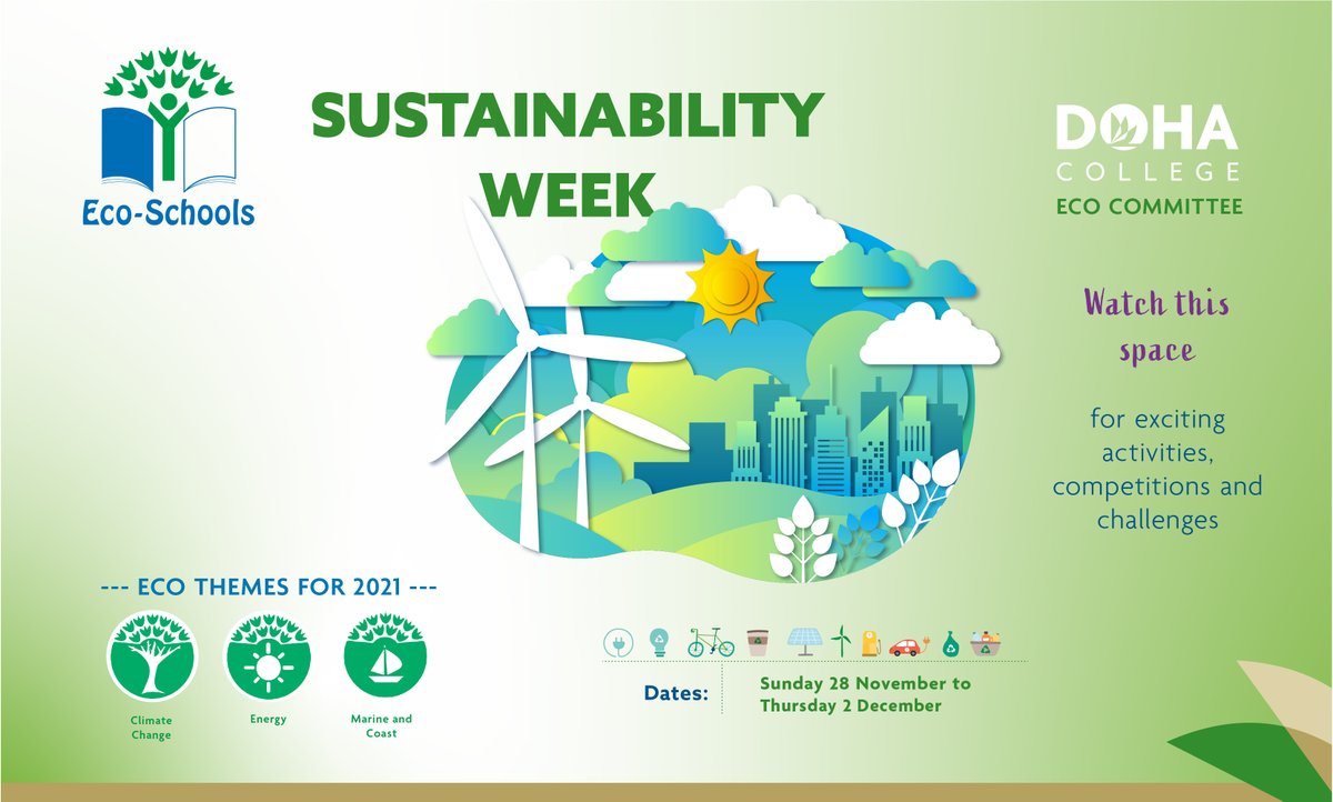 DCEcoSchool's tweet photo. Doha College is celebrating Sustainability Week next week! Students will be participating in activities throughout the week that will help them learn how to make the world a more sustainable and green place to live in.
 #EcoSchools https://t.co/9p3iyHrkEW