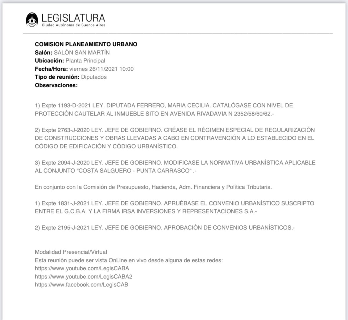 #AHORA 🚨

Antes de perder la mayoría en la Legislatura, Larreta prepara un fin de año a toda orquesta. Convocó el viernes a una reunión para tratar:
❌Venta de Costa Salguero 
❌Torres en Costanera Sur
❌Excepciones inmobiliarias en los barrios más ricos de la Ciudad