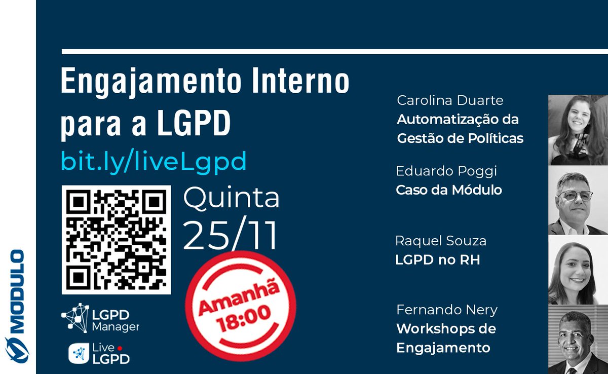 modulogrc's tweet photo. É amanhã!
Ainda dá tempo de se inscrever na live sobre o desafio de engajar o time interno no projeto de LGPD.

Inscreve-se gratuitamente com seu email corporativo: em https://t.co/3l4DeEDQqI

#lgpd #leigeraldeprotecaodedados #protecaodedados #dadospessoais https://t.co/zLLj1Zek6D