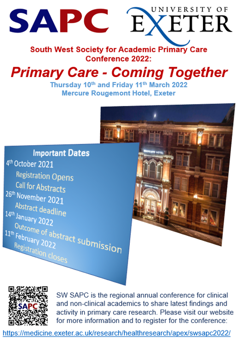 If you'd like the chance to present your primary care research to like-minded colleagues at the SWSAPC conference in March 2022, please submit an abstract by Friday 26th November. Info below. @sapcacuk