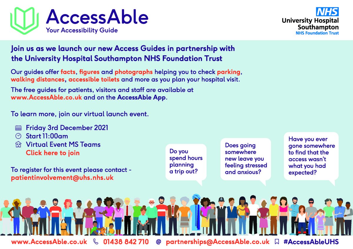 WecareUHSFT's tweet image. We are excited to officially launch our @AccessAbleUK hospital guides for @UHSFT @SotonChildHosp. Please join us on Friday 3rd December, 11am to find out more. Sign up by emailing patientinvolvement@uhs.nhs.uk
#accessibility #disabilityaccess #invisibledisability #IDPWD2021