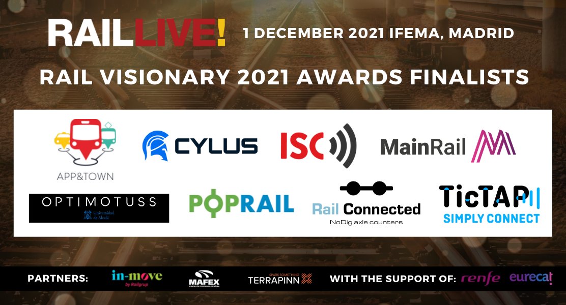We're delighted to announce the finalists for the Rail Visionary 2021 Awards!

The 8 finalists will pitch at #RAILLIVE in Madrid on 1 December in front of key executives from the rail and mobility sector.

➡️See more about the awards here: terrapinn.com/conference/rai…