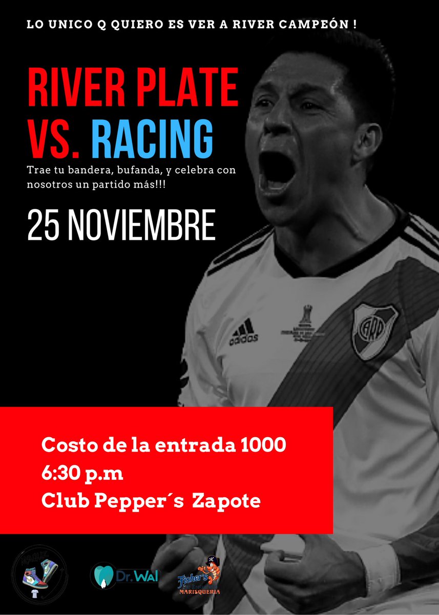 RiverPlateCR's tweet photo. Te invitamos alentar este jueves 25 de noviembre a las 6:30pm en el Club Pepper´s en Zapote costado de Pricesmart.
Costo de la Entrada 1000 colones, ven con tu bandera, bufanda no te lo pierdas.
"Lo único que quiero es ver a River Campeón"
#RiverEsMundial #RiverPlate #Fifrp https://t.co/gQFcfDCj6s